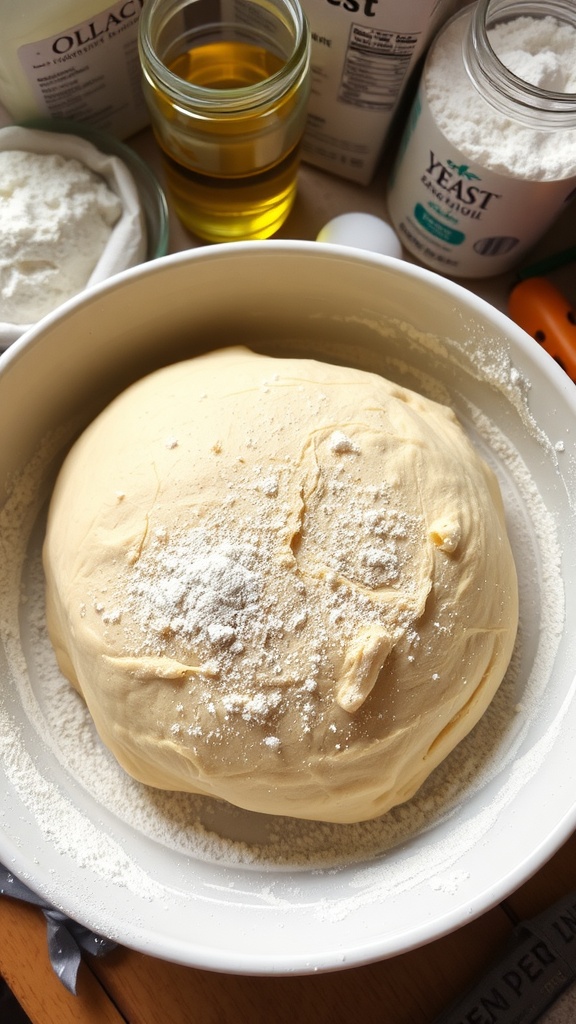 Kneaded dough in a bowl ready for rising, with flour and ingredients around.